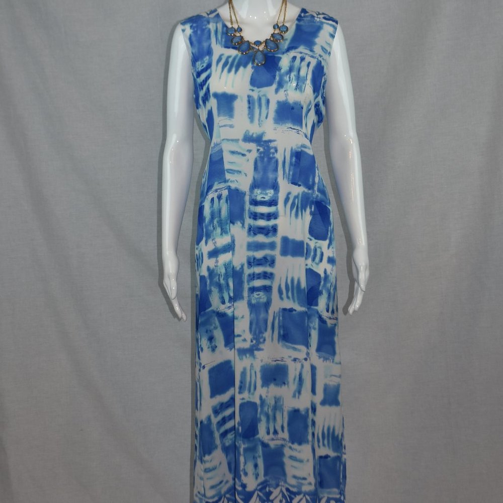Stock Options sz M Vintage Sleeveless Full Length V-Neck Blue & White Maxi Dress